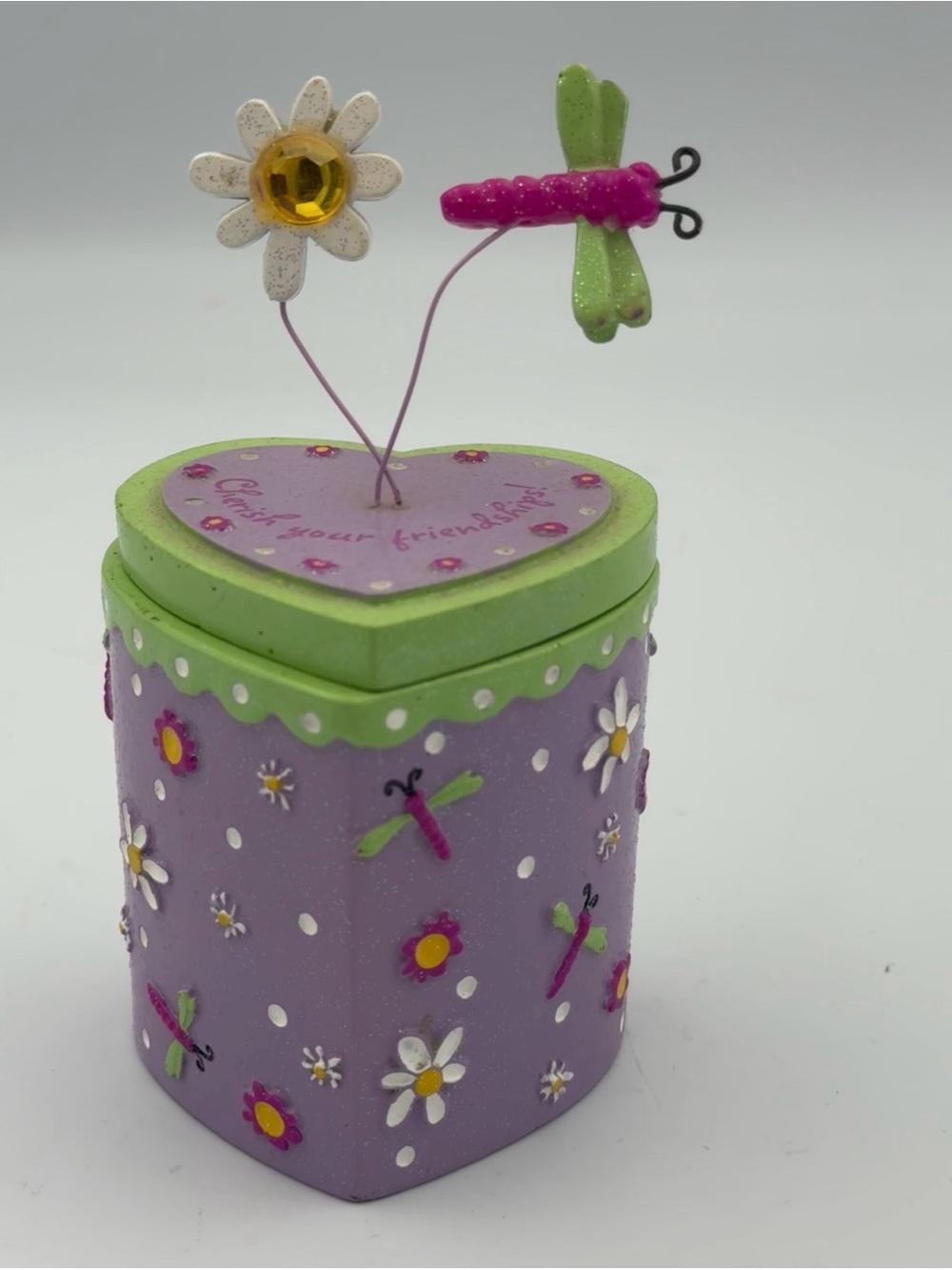 Vintage 2004 Claire's Y2K Trinket Box Dragonfly Daisy Heart Purple Green